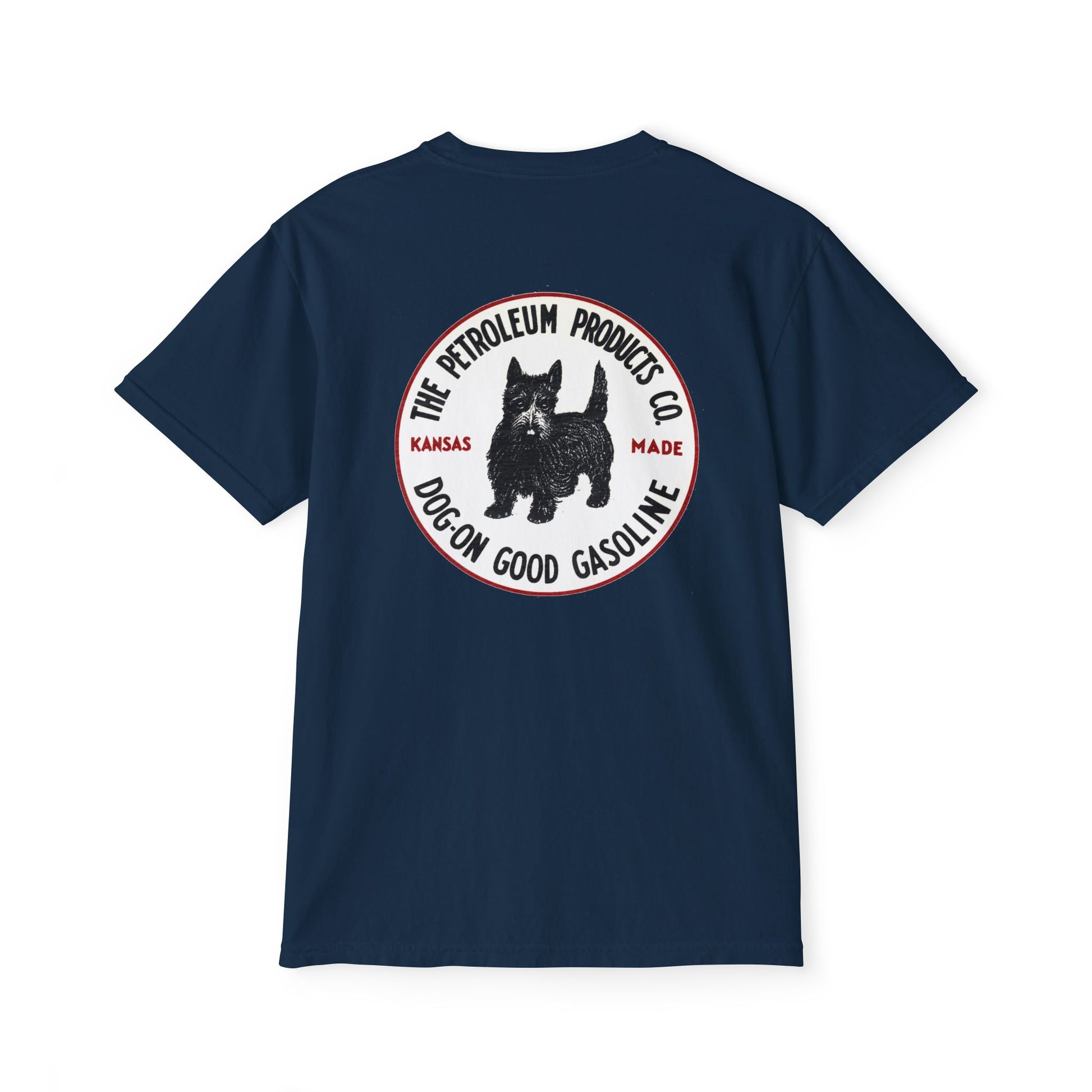 Dog-On Good Gasoline pocket tee green — vintage Scottie dog petroliana shirt — The Faded Label Co.