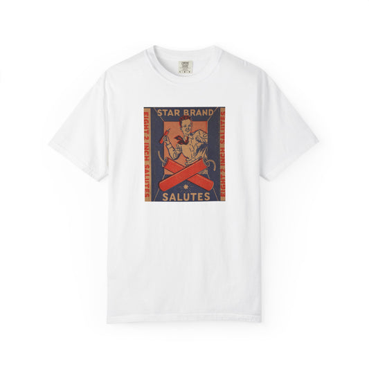 Star Brand Salutes t-shirt white — vintage 4th of July fireworks label art — The Faded Label Co.