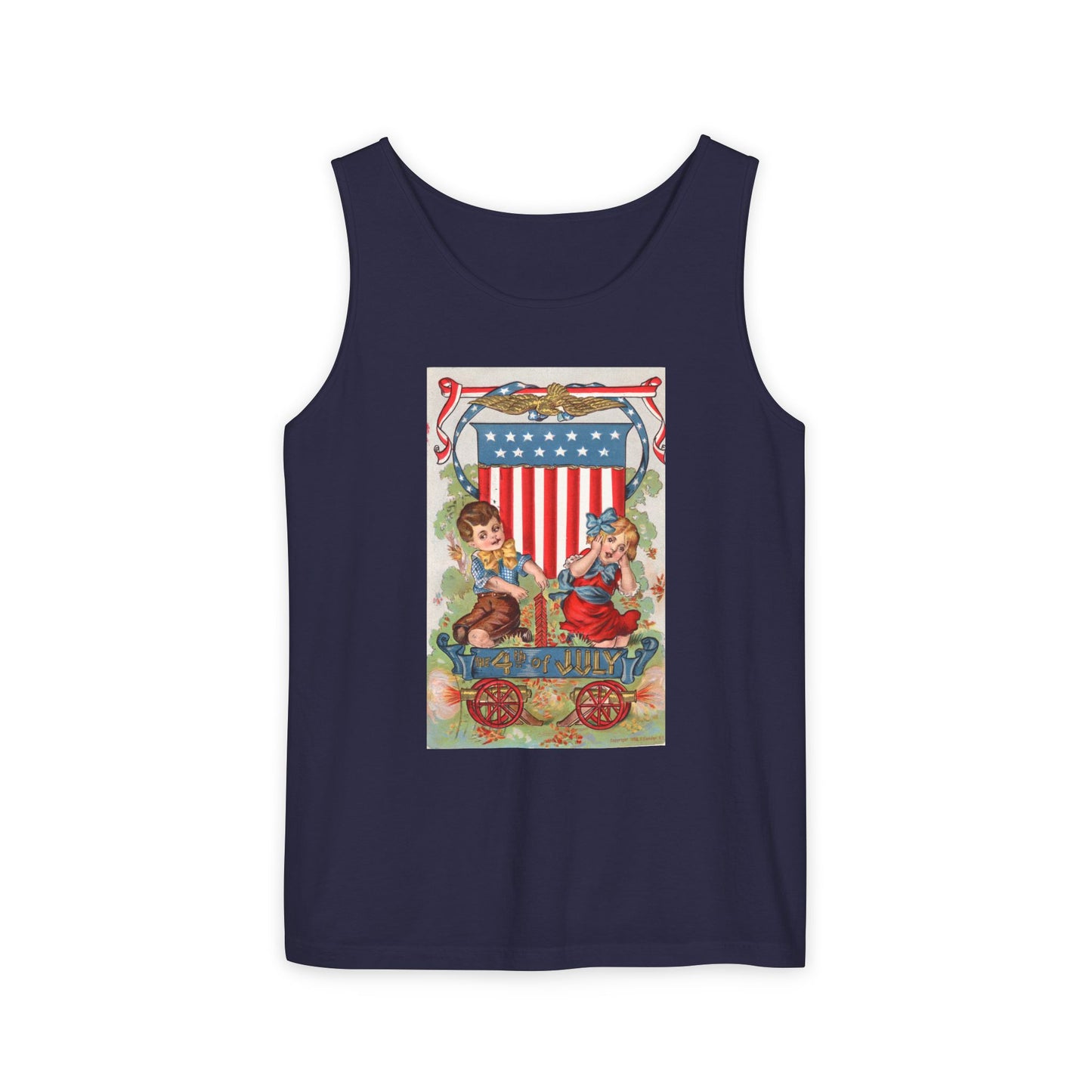 1908 Fourth of July Wagon tank top pepper — vintage patriotic postcard art — The Faded Label Co.
