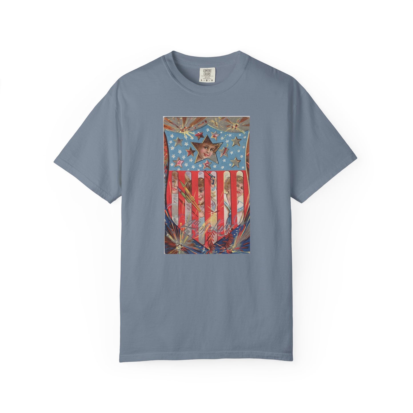 4th of July Shield Girls t-shirt pepper — vintage embossed patriotic postcard art — The Faded Label Co.