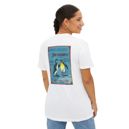 Penguin Brand Firecrackers pocket t-shirt white back — vintage fireworks label art — The Faded Label Co.