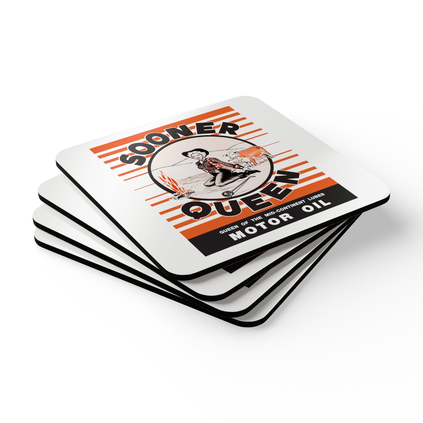 Sooner Queen Corkwood Coaster Set — Retro Western Motor Oil Design (4-Pack)
