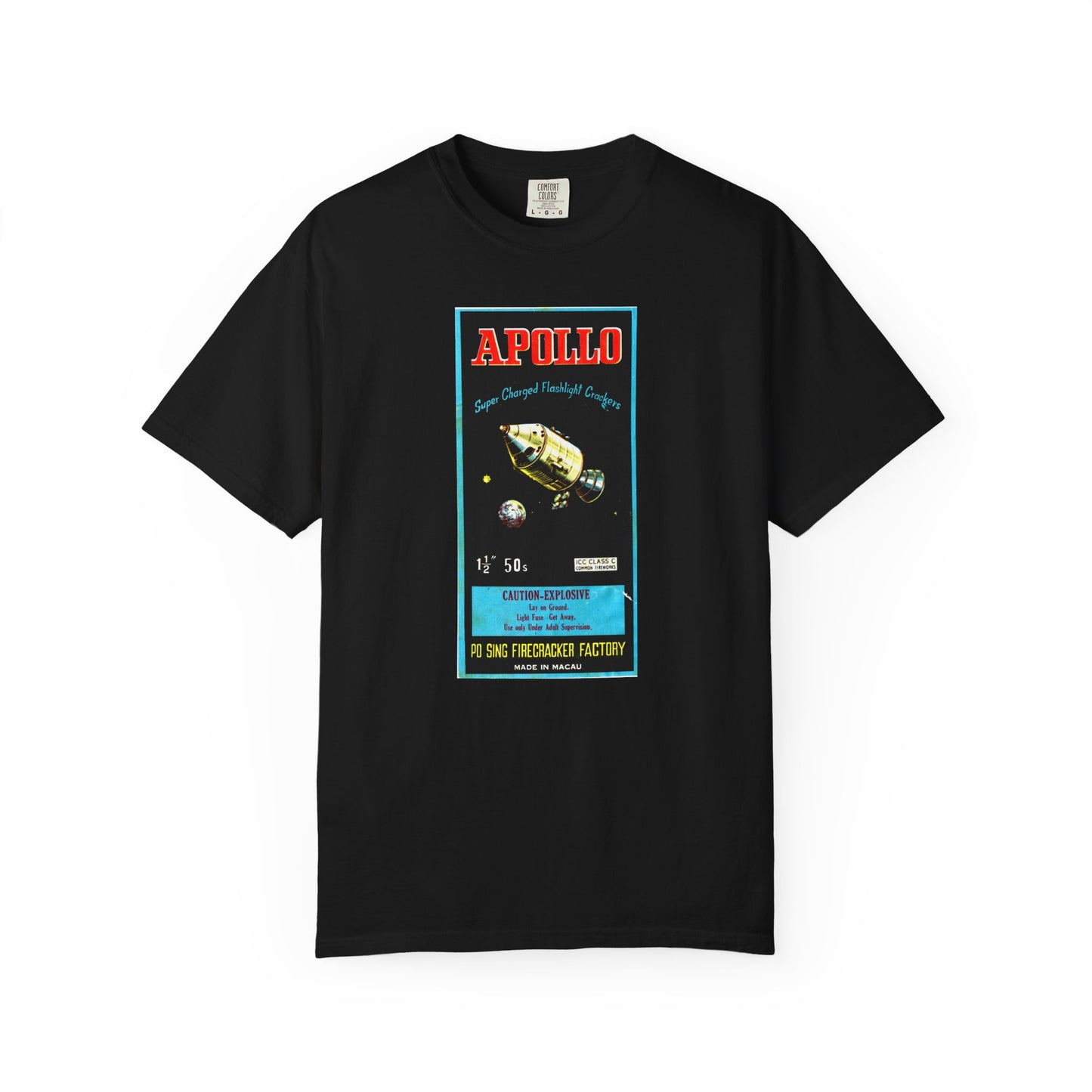 Apollo Firecrackers t-shirt design detail — space capsule vintage label close-up — The Faded Label Co.