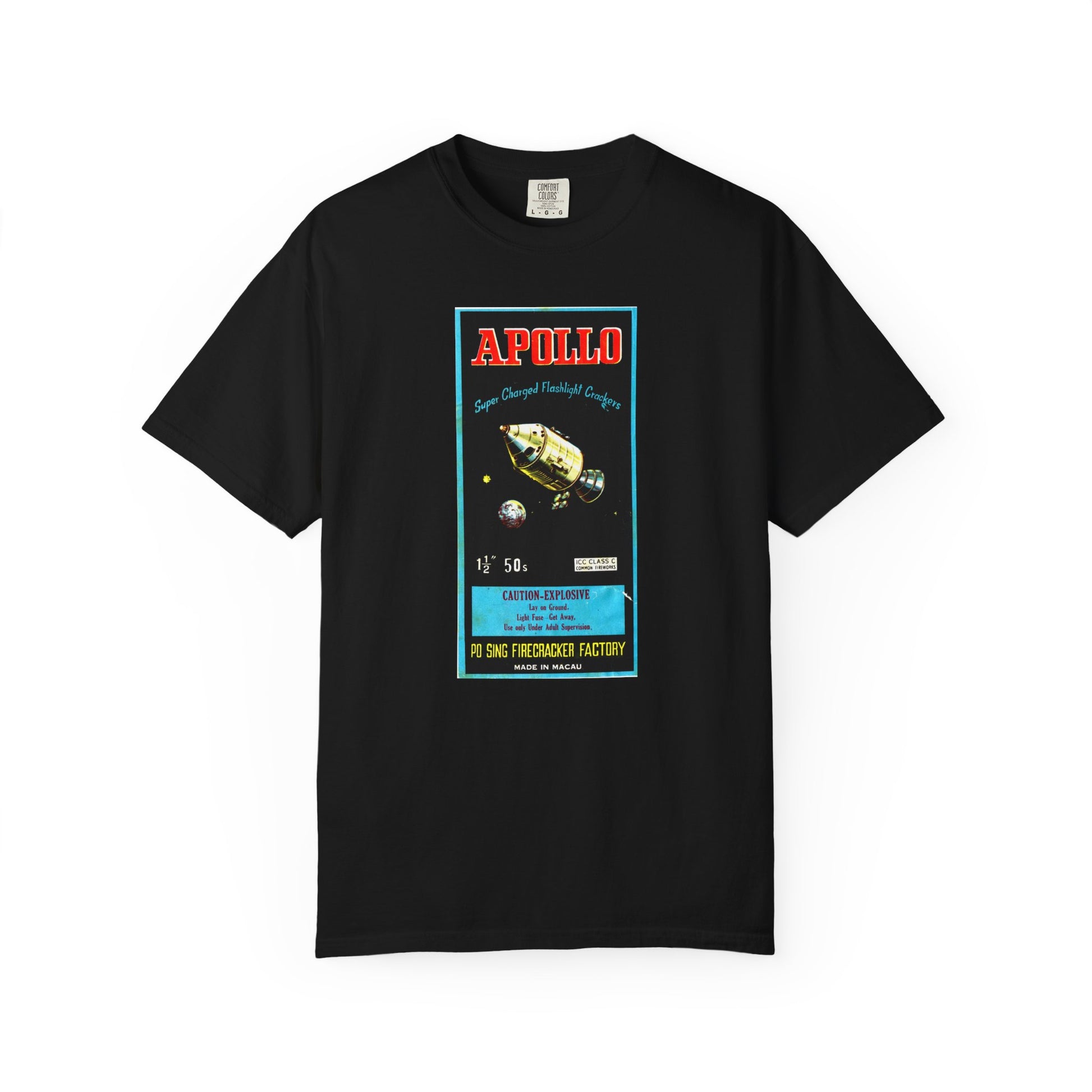 Apollo Firecrackers t-shirt design detail — space capsule vintage label close-up — The Faded Label Co.