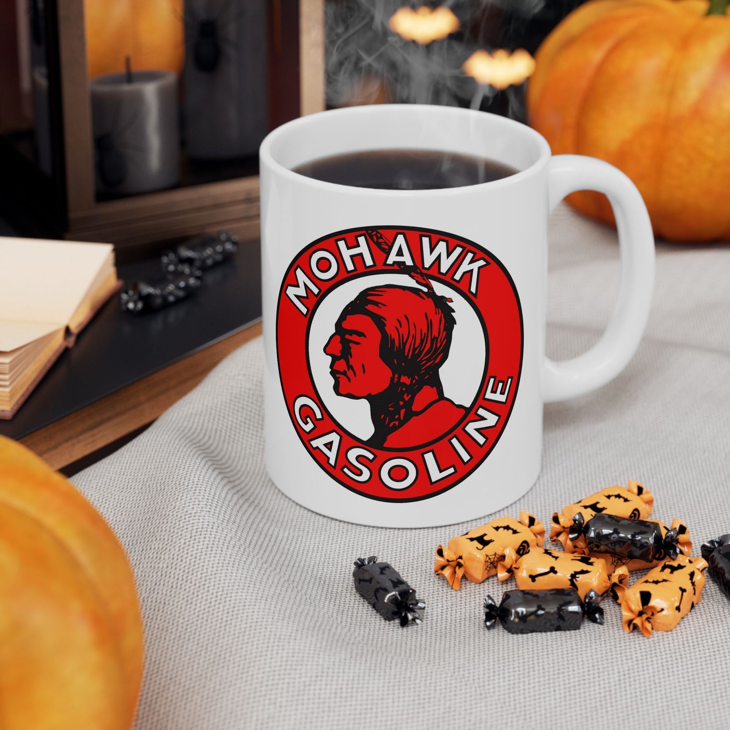 Mohawk Gasoline white mug 11oz and 15oz — retro gas station drinkware — The Faded Label Co.