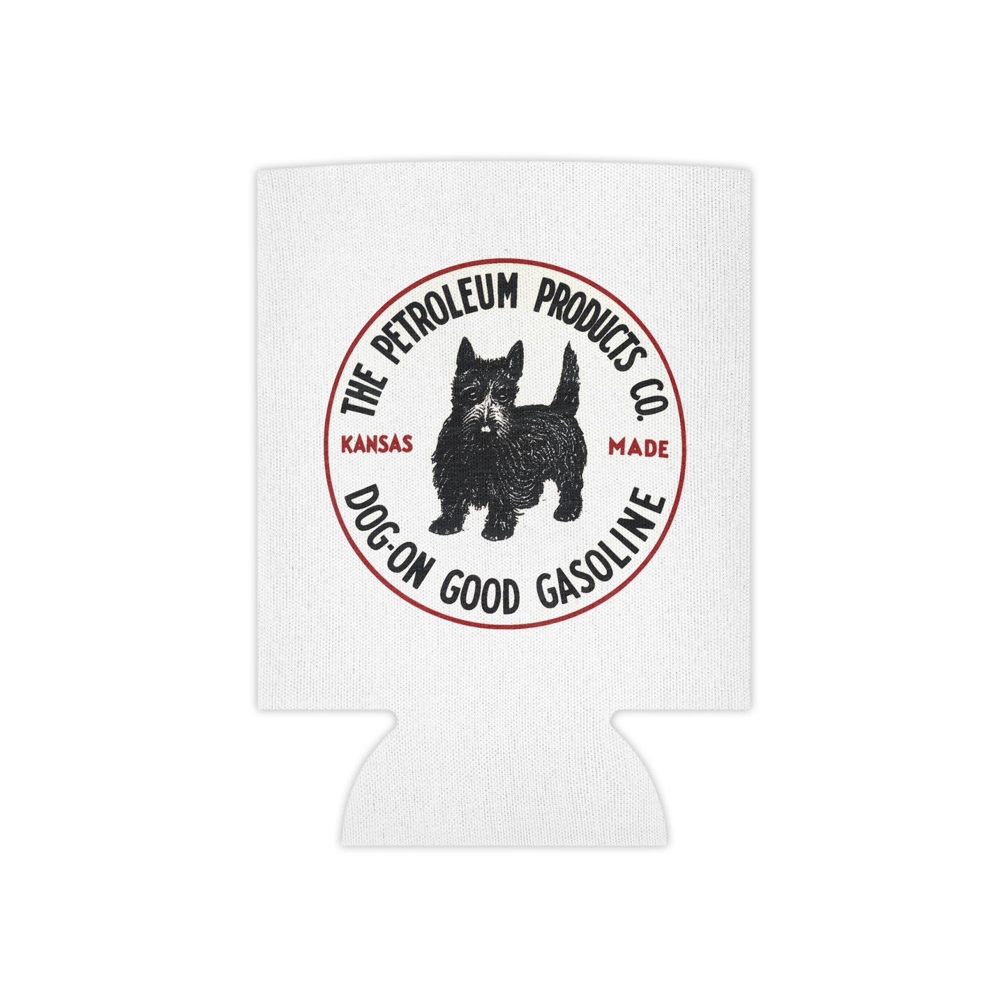 Dog-On Good Gasoline can cooler — vintage Scottie dog petroliana koozie — The Faded Label Co.