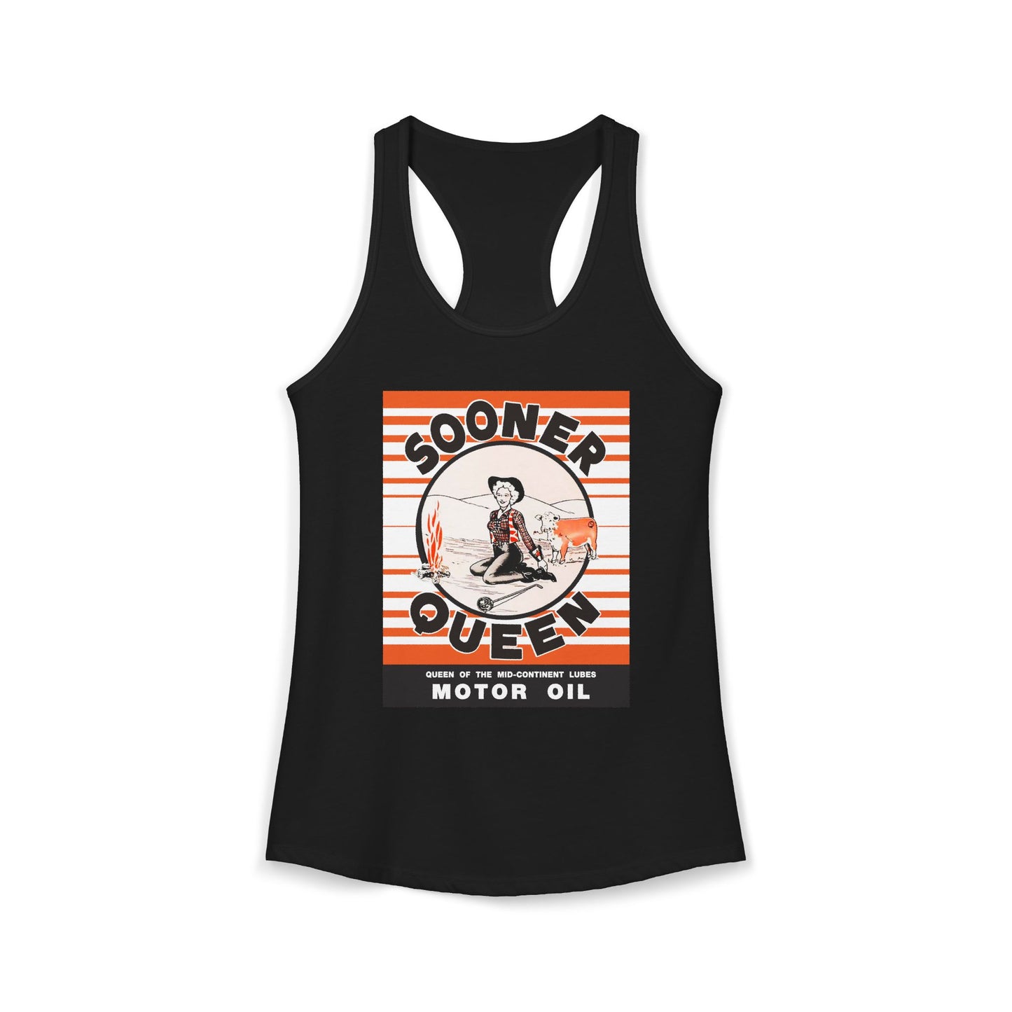 Sooner Queen Motor Oil racerback tank dark gray — Oklahoma petroliana apparel — The Faded Label Co.