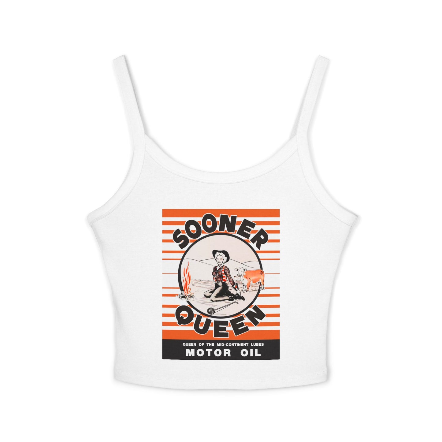 Sooner Queen Motor Oil crop tank athletic heather — rare Oklahoma petroliana art — The Faded Label Co.