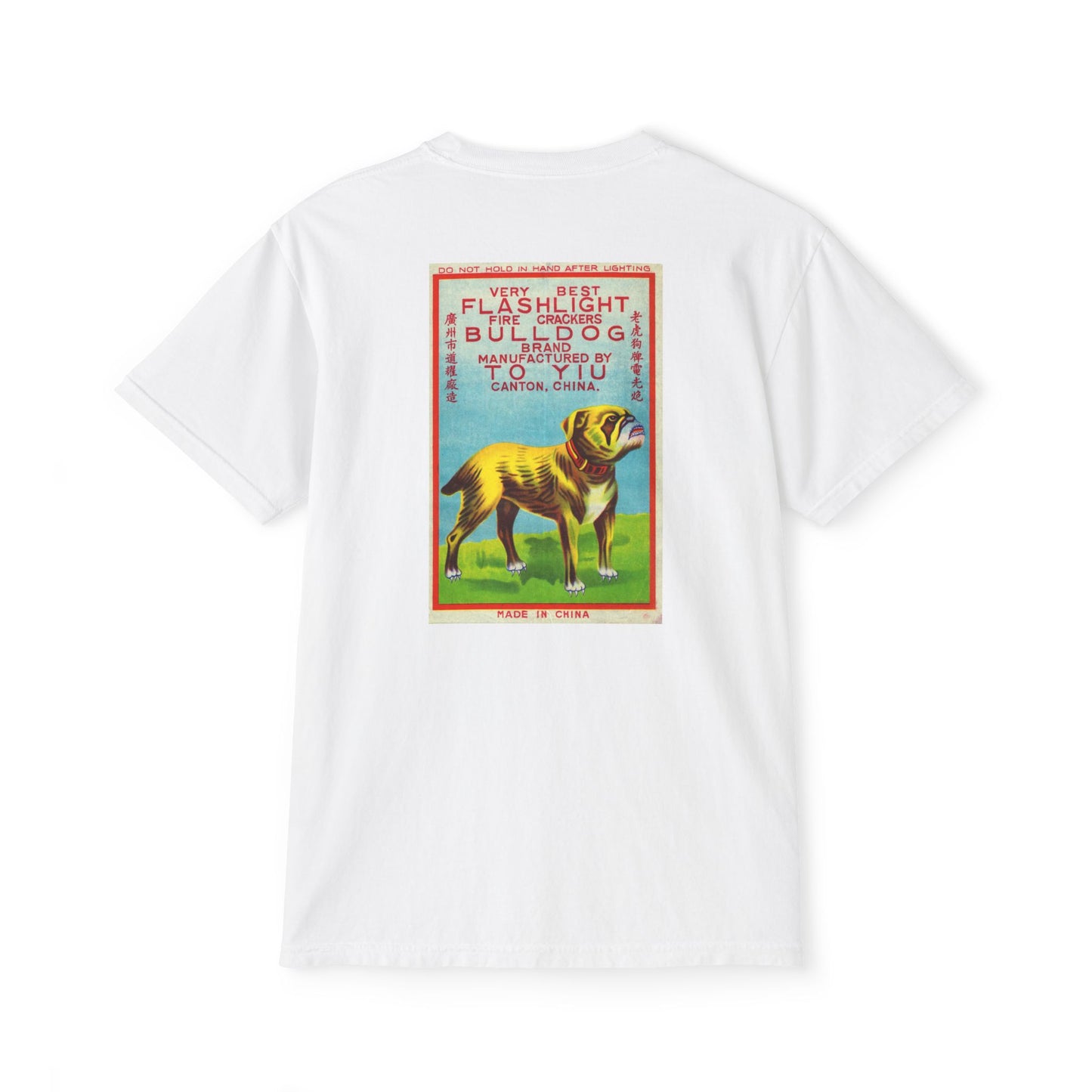 Bulldog Brand Firecrackers pocket t-shirt white — person wearing front — The Faded Label Co.