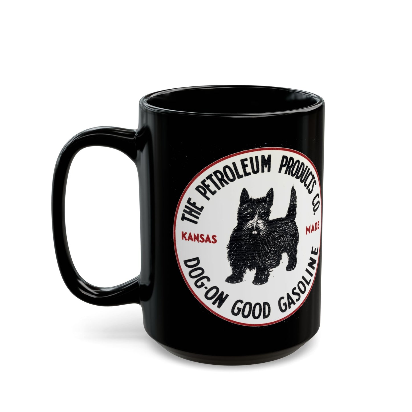 Dog-On Good Gasoline black coffee mug detail — Scottie dog graphic — The Faded Label Co.