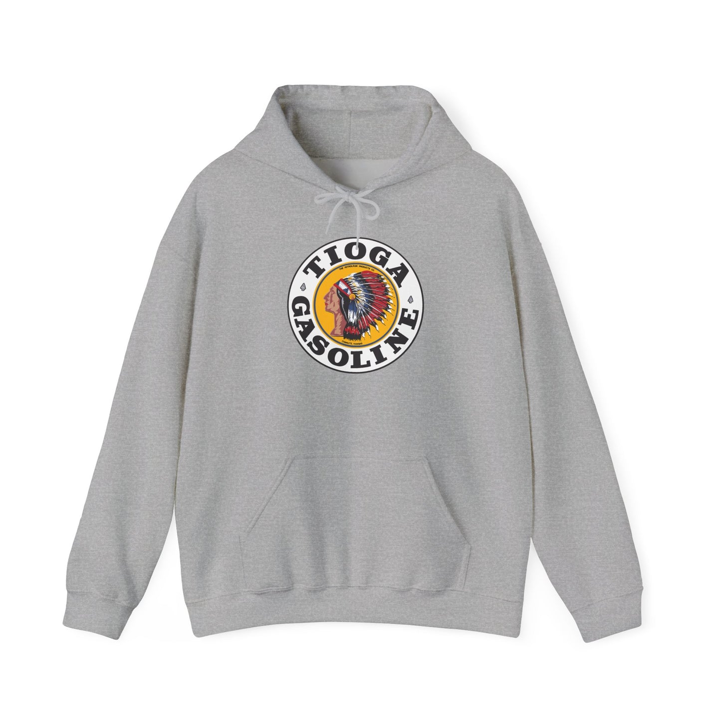 Tioga Gasoline Logo Hoodie — Vintage Native Chief Emblem