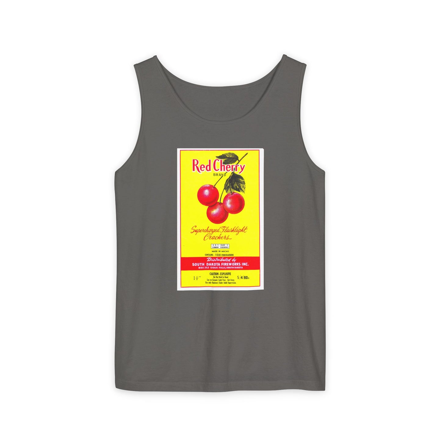Red Cherry Brand Firecrackers tank top blue jean — Comfort Colors garment-dyed — The Faded Label Co.