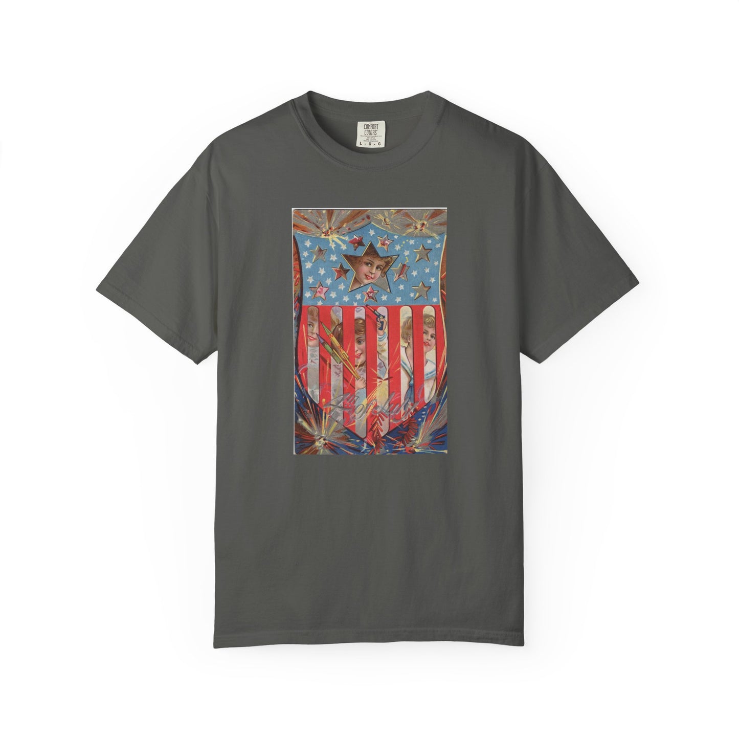 4th of July Shield Girls t-shirt chambray — vintage embossed patriotic postcard art — The Faded Label Co.