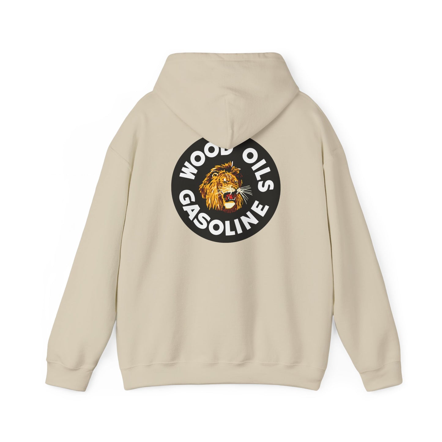 Lion Emblem Gasoline Hoodie — 'Wood Oils Gasoline' Retro Logo Sweatshirt