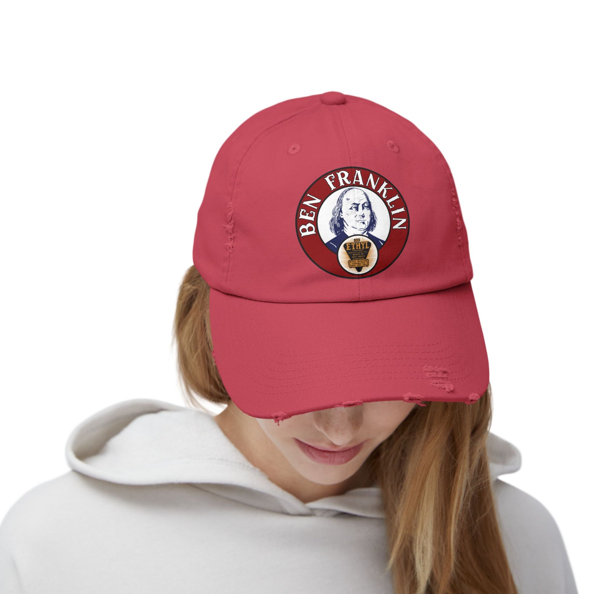 Ben Franklin Gasoline distressed cap worn — vintage Oklahoma collector hat — The Faded Label Co.