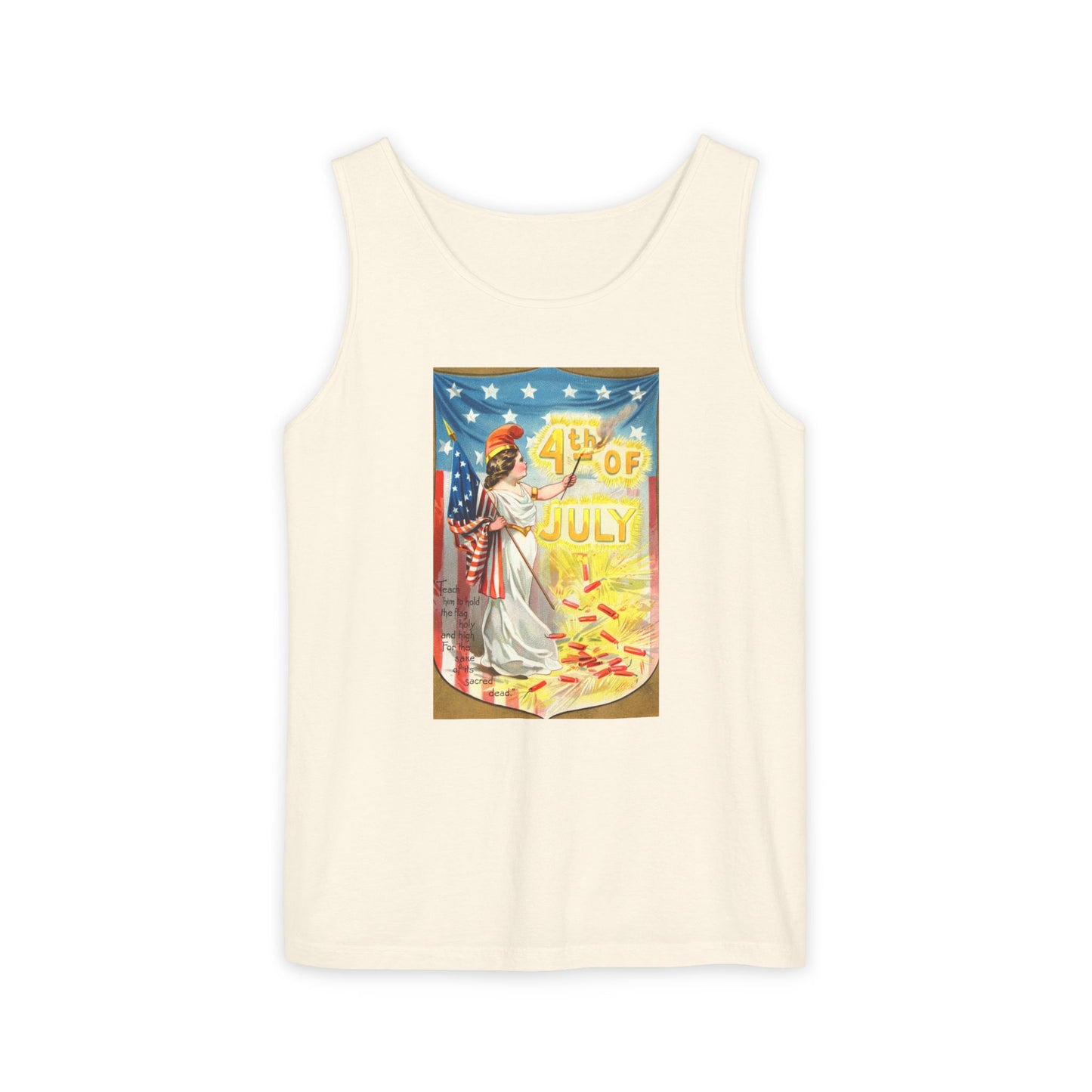 4th of July Flag Girl tank top white — vintage Columbia patriotic postcard art — The Faded Label Co.