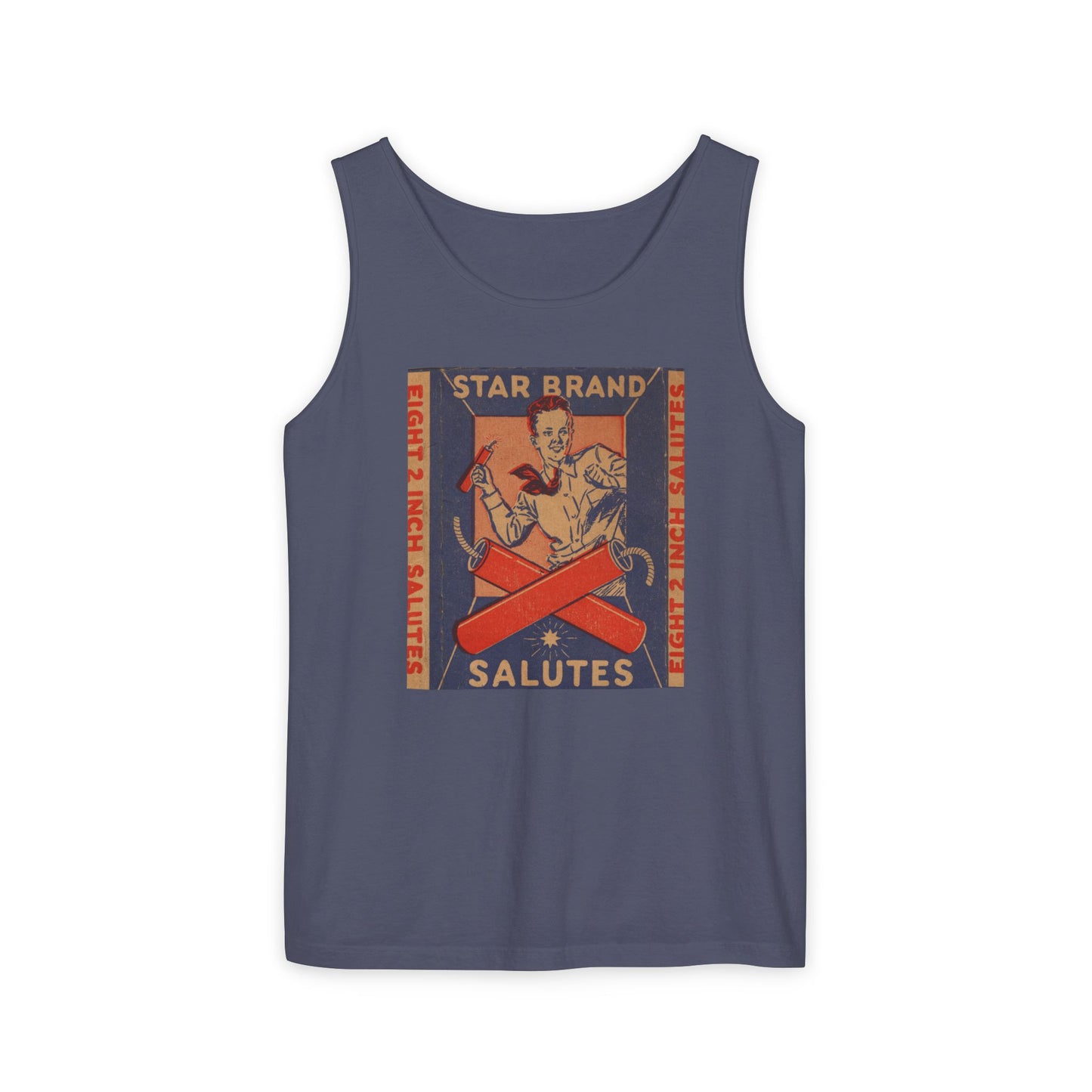 Star Brand Salutes tank top pepper — vintage fireworks label art — The Faded Label Co.