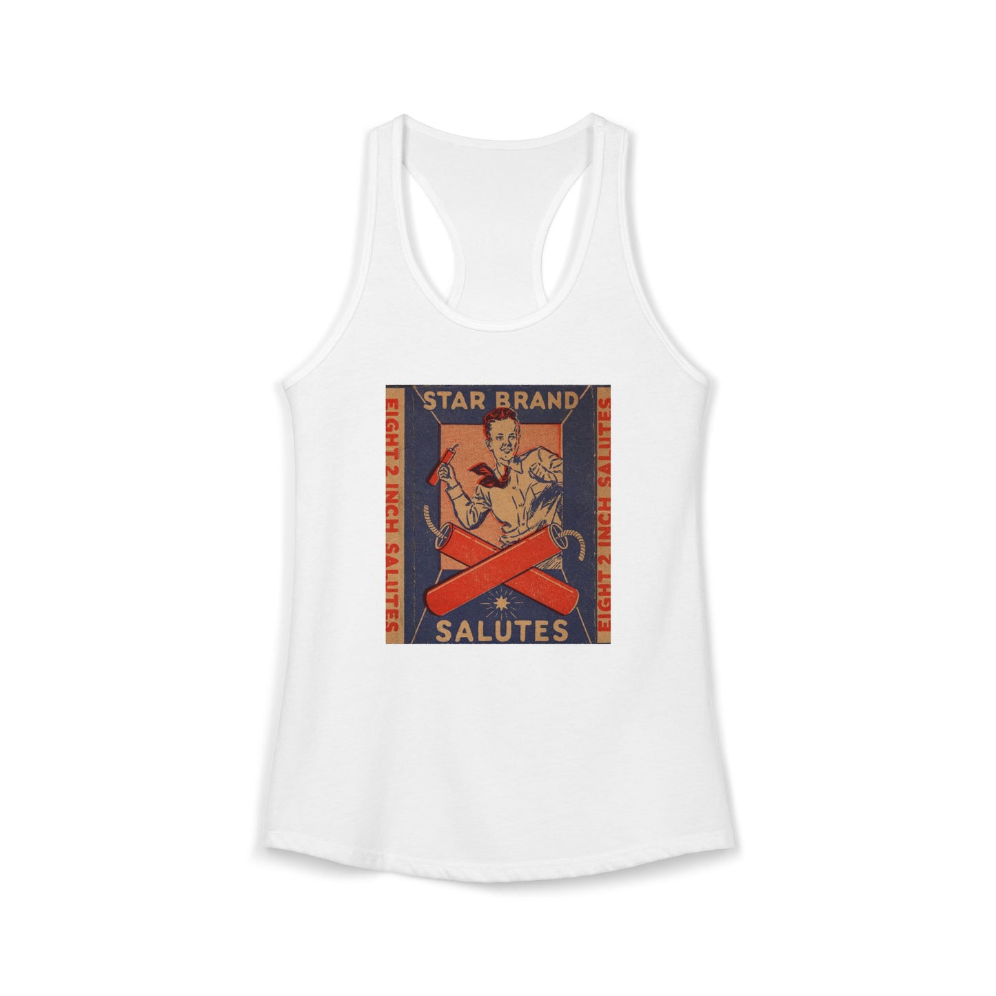 Star Brand Salutes racerback tank midnight navy — vintage fireworks label art — The Faded Label Co.