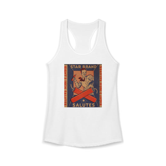 Star Brand Salutes racerback tank midnight navy — vintage fireworks label art — The Faded Label Co.
