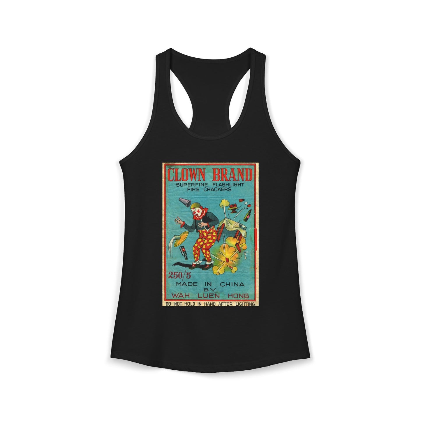 Clown Brand Firecrackers racerback tank black — vintage fireworks label art — The Faded Label Co.