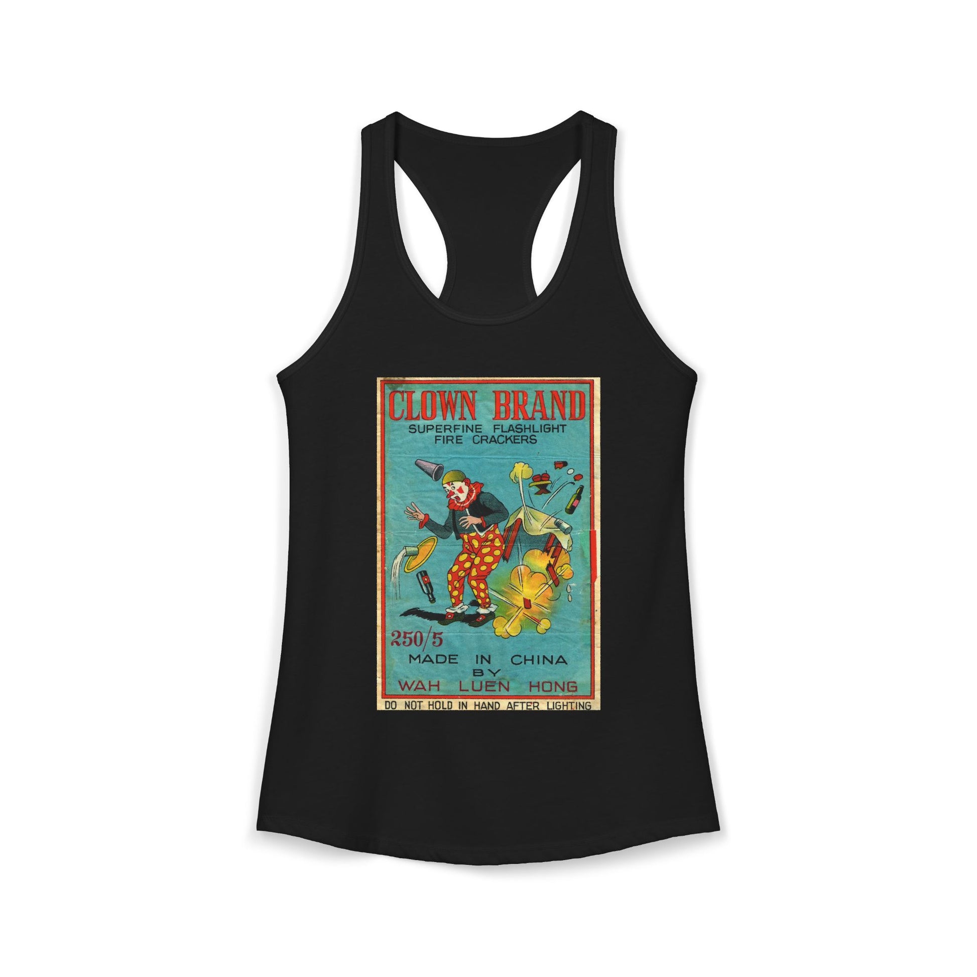 Clown Brand Firecrackers racerback tank black — vintage fireworks label art — The Faded Label Co.