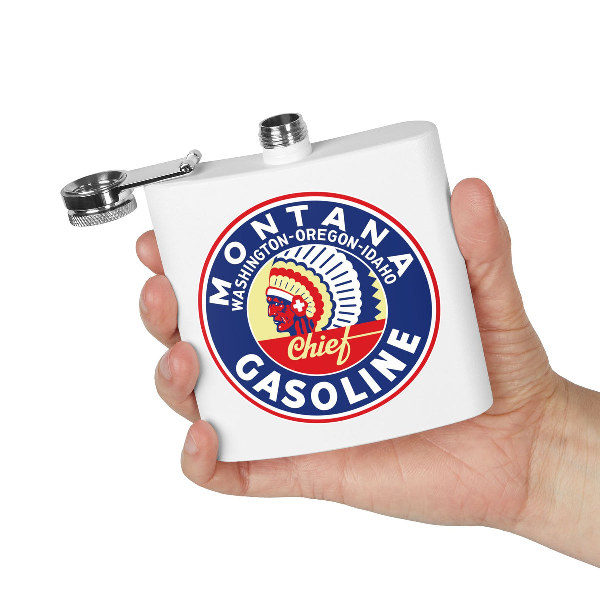 Montana Chief Gasoline Flask — Vintage Inland Empire Petroliana Gift | The Faded Label Co.