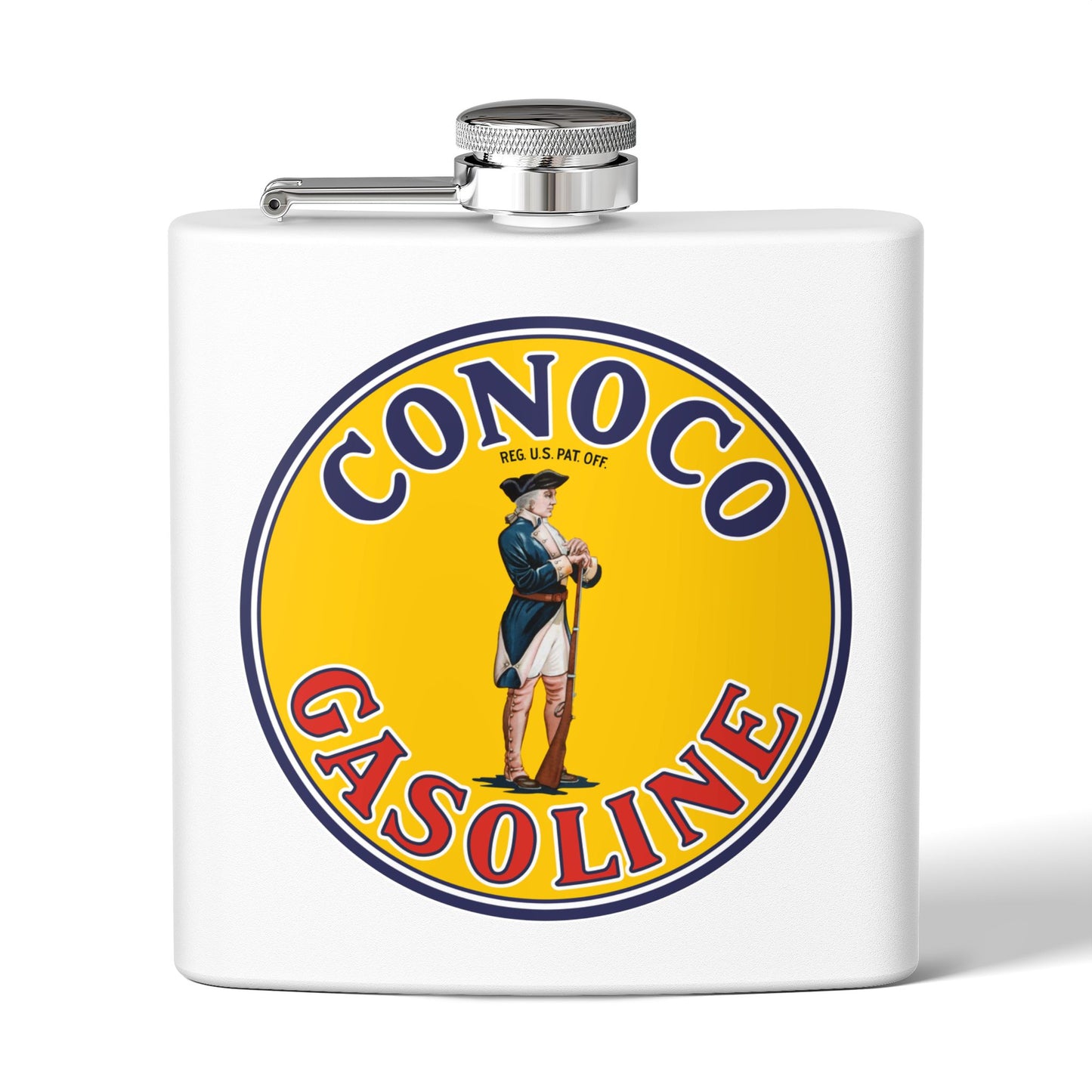 Conoco Minute Man flask navy — vintage petroliana gift — The Faded Label Co.