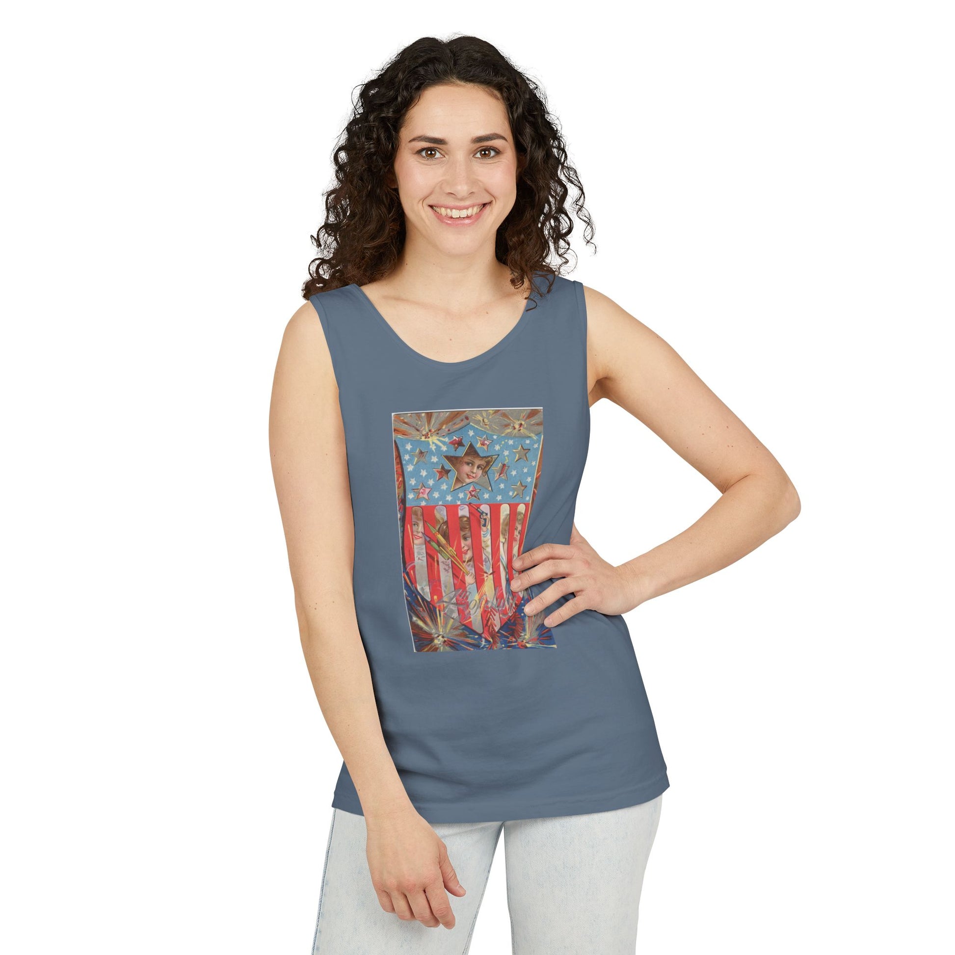 4th of July Shield Girls tank top flat lay true navy — Comfort Colors 9360 unisex tank — The Faded Label Co.