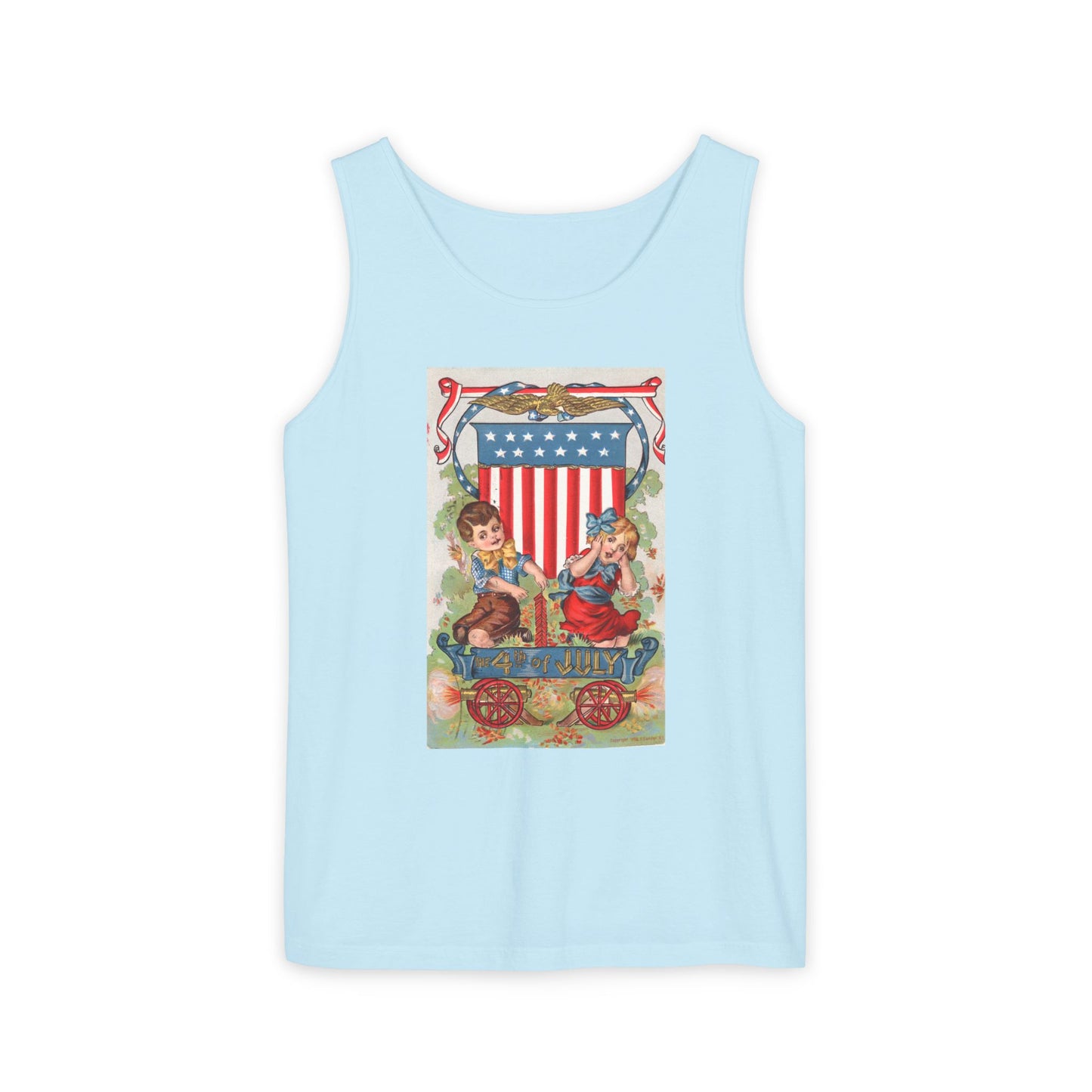 1908 Fourth of July Wagon tank top denim — vintage patriotic postcard art — The Faded Label Co.
