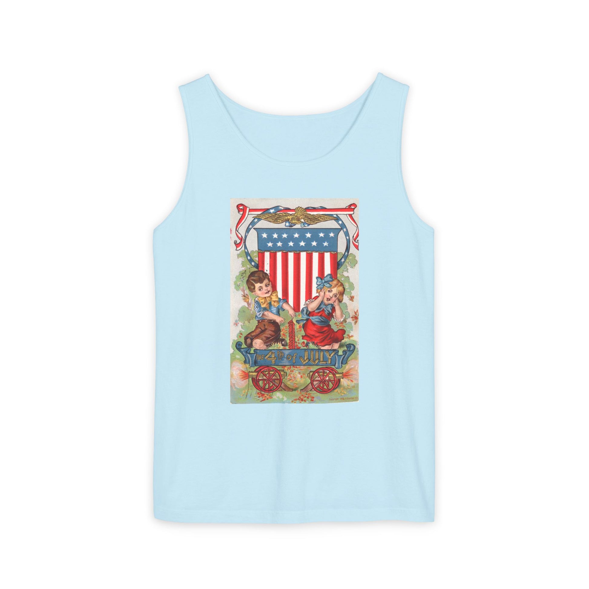 1908 Fourth of July Wagon tank top denim — vintage patriotic postcard art — The Faded Label Co.