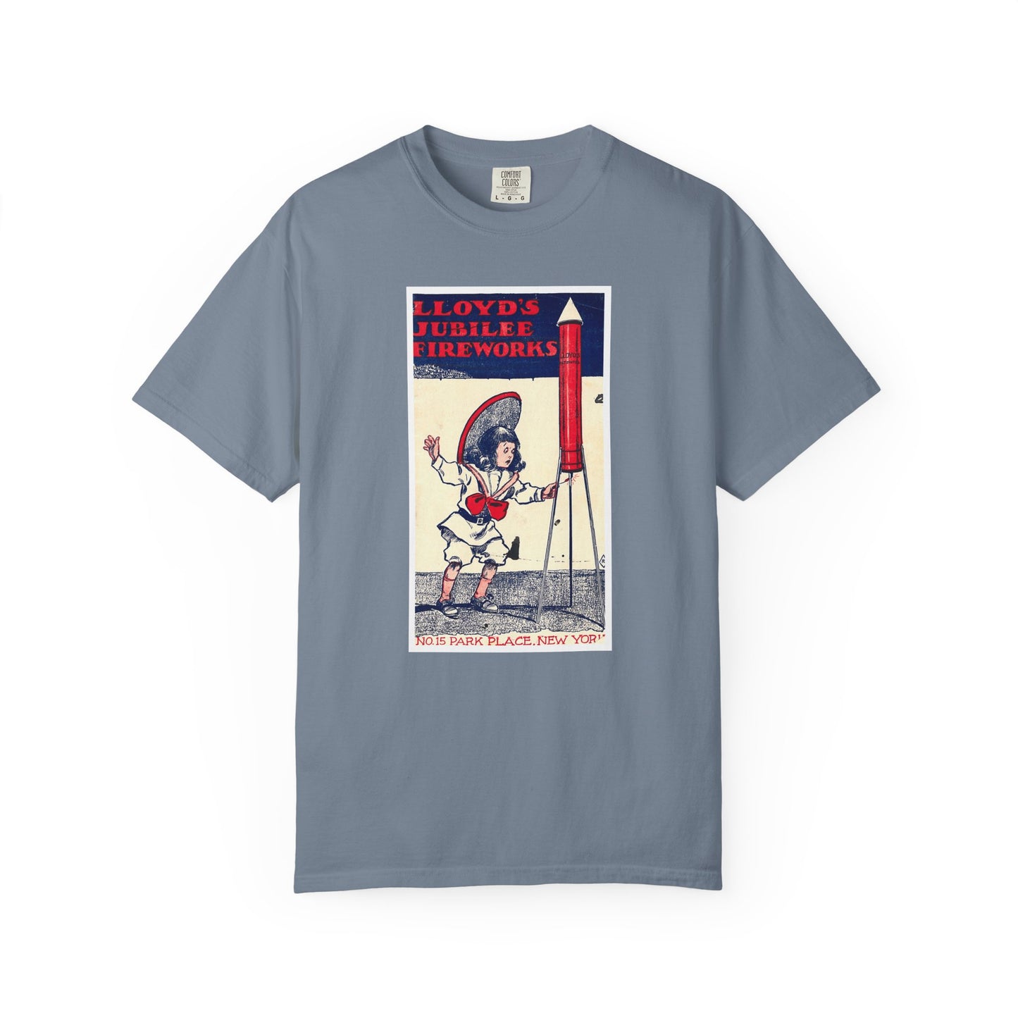 Lloyd's Jubilee Firecrackers t-shirt on model front — America's 250th anniversary fireworks apparel — The Faded Label Co.
