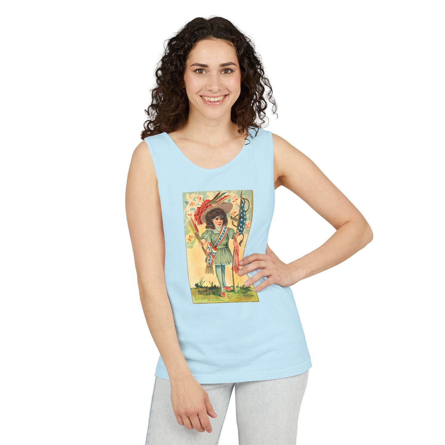 4th of July Patriotic Girl tank top flat lay pepper — Comfort Colors 9360 unisex tank — The Faded Label Co.