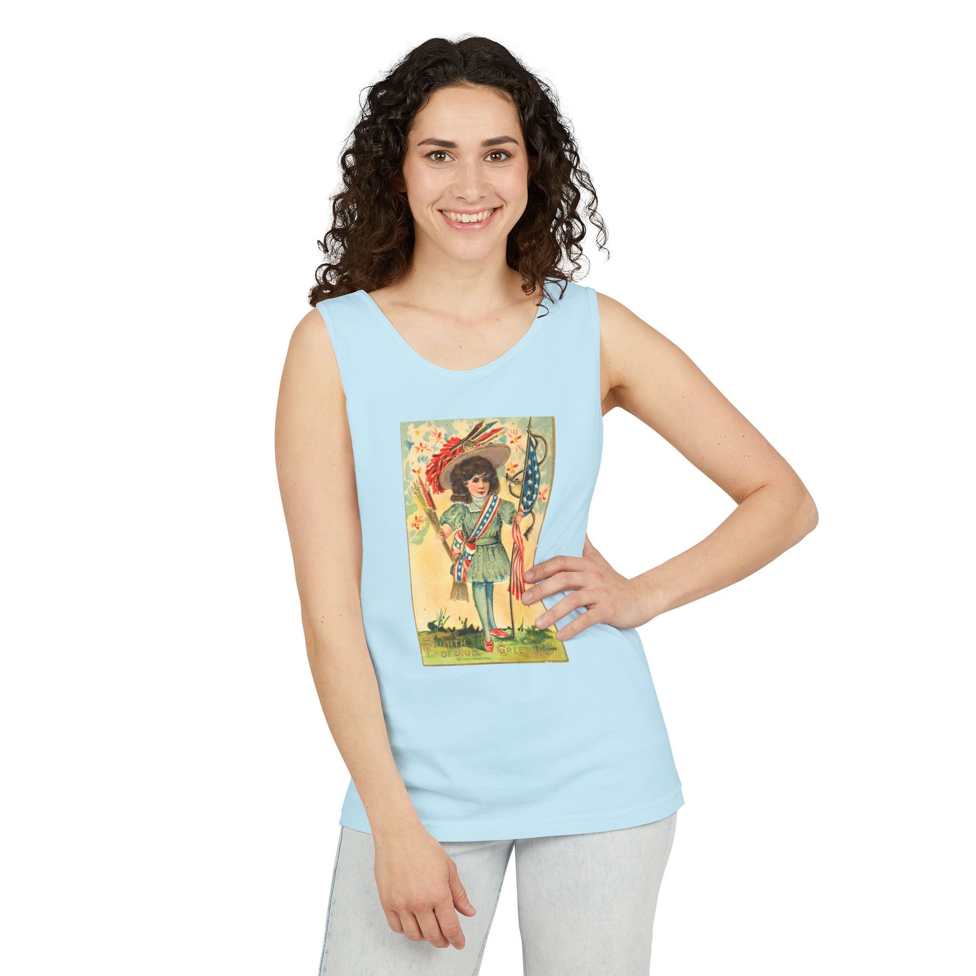 4th of July Patriotic Girl tank top flat lay pepper — Comfort Colors 9360 unisex tank — The Faded Label Co.