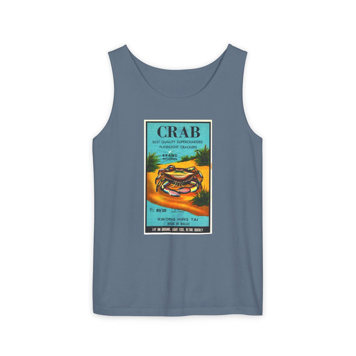 Crab Brand Firecrackers tank top white — vintage fireworks label art — The Faded Label Co.