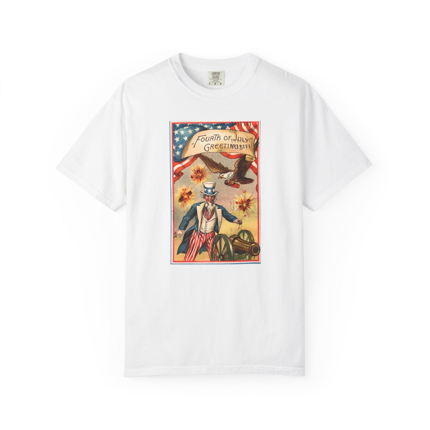 Fourth of July Greetings Uncle Sam t-shirt white — vintage patriotic postcard art — The Faded Label Co.