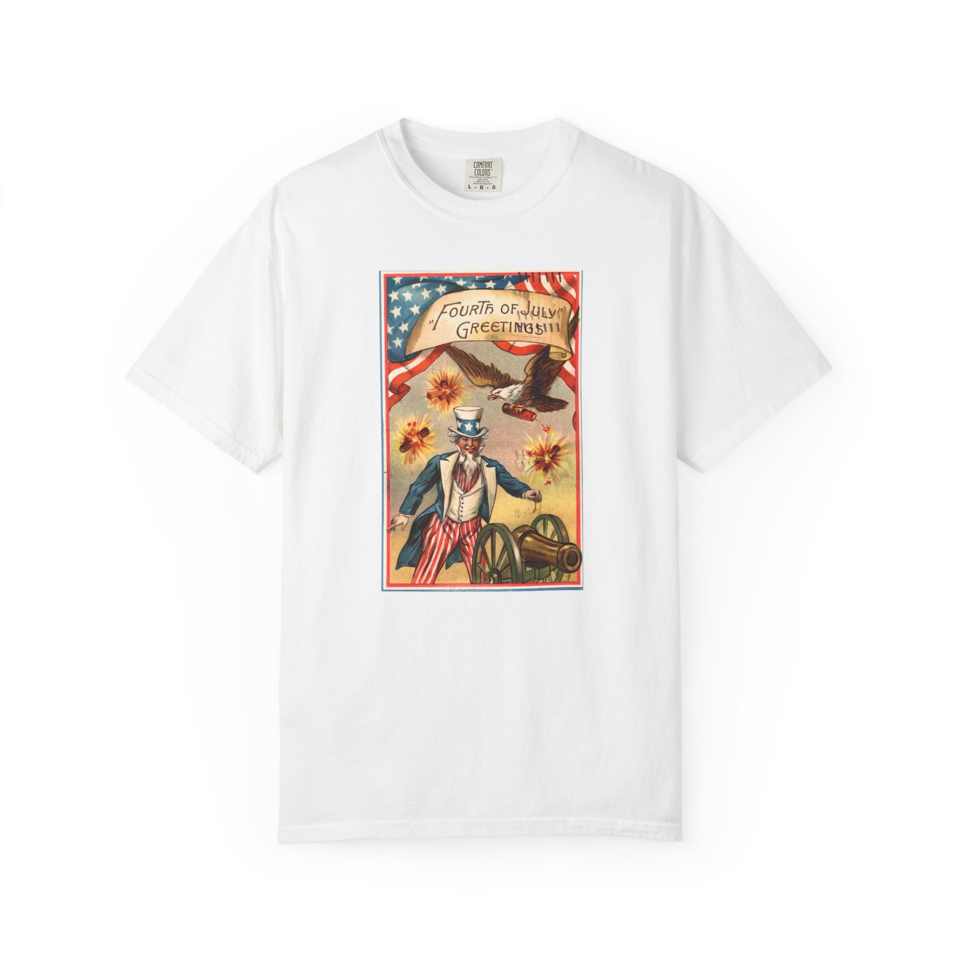 Fourth of July Greetings Uncle Sam t-shirt white — vintage patriotic postcard art — The Faded Label Co.