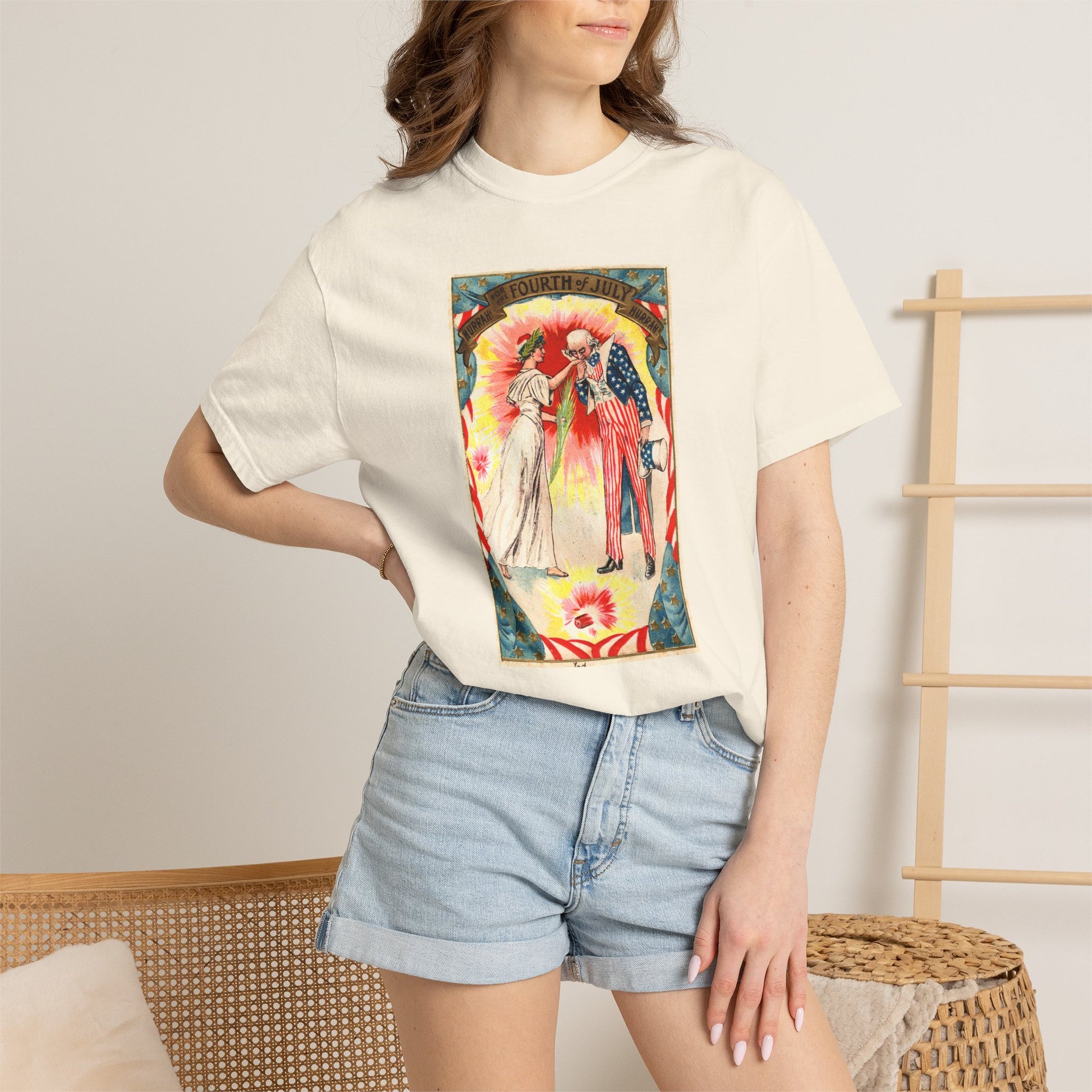 Uncle Sam and Columbia t-shirt on model — vintage patriotic Americana tee — The Faded Label Co.