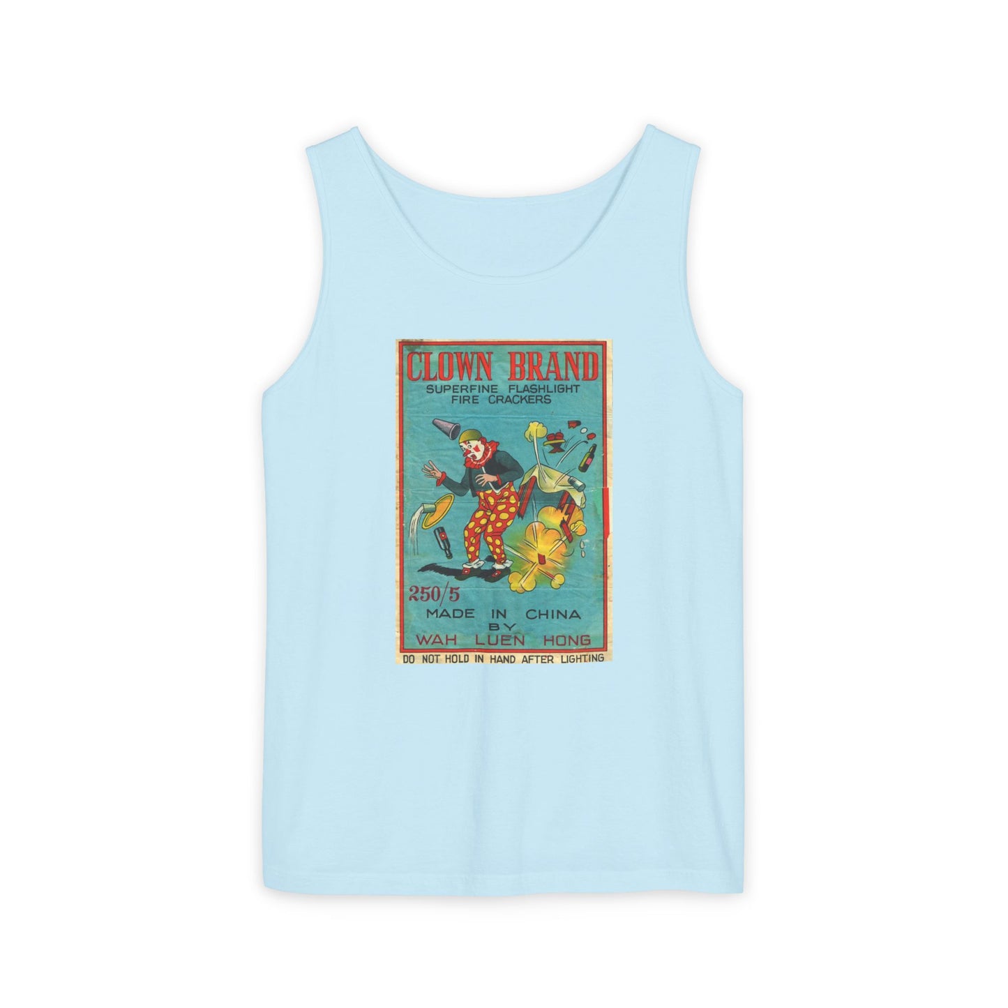 Clown Brand Firecrackers tank top crimson — vintage firecracker label graphic — The Faded Label Co.