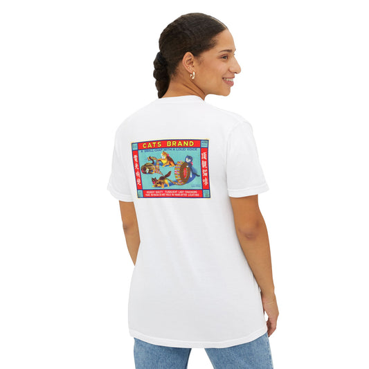Cats Brand Firecrackers pocket t-shirt white back — vintage fireworks label art — The Faded Label Co.