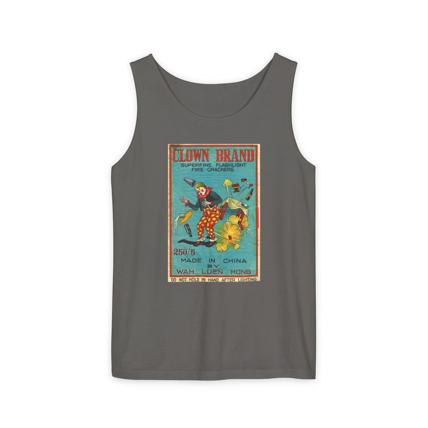 Clown Brand Firecrackers tank top blue jean — Comfort Colors garment-dyed — The Faded Label Co.