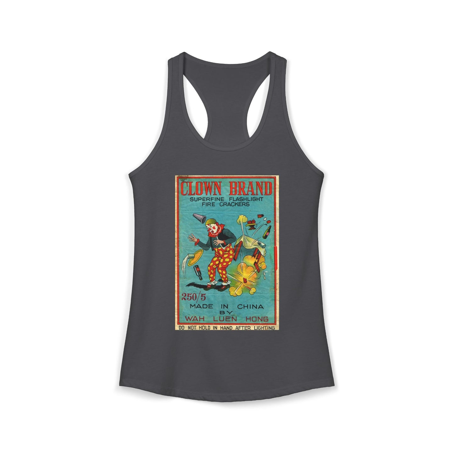 Clown Brand Firecrackers racerback tank red — vintage firecracker label graphic — The Faded Label Co.