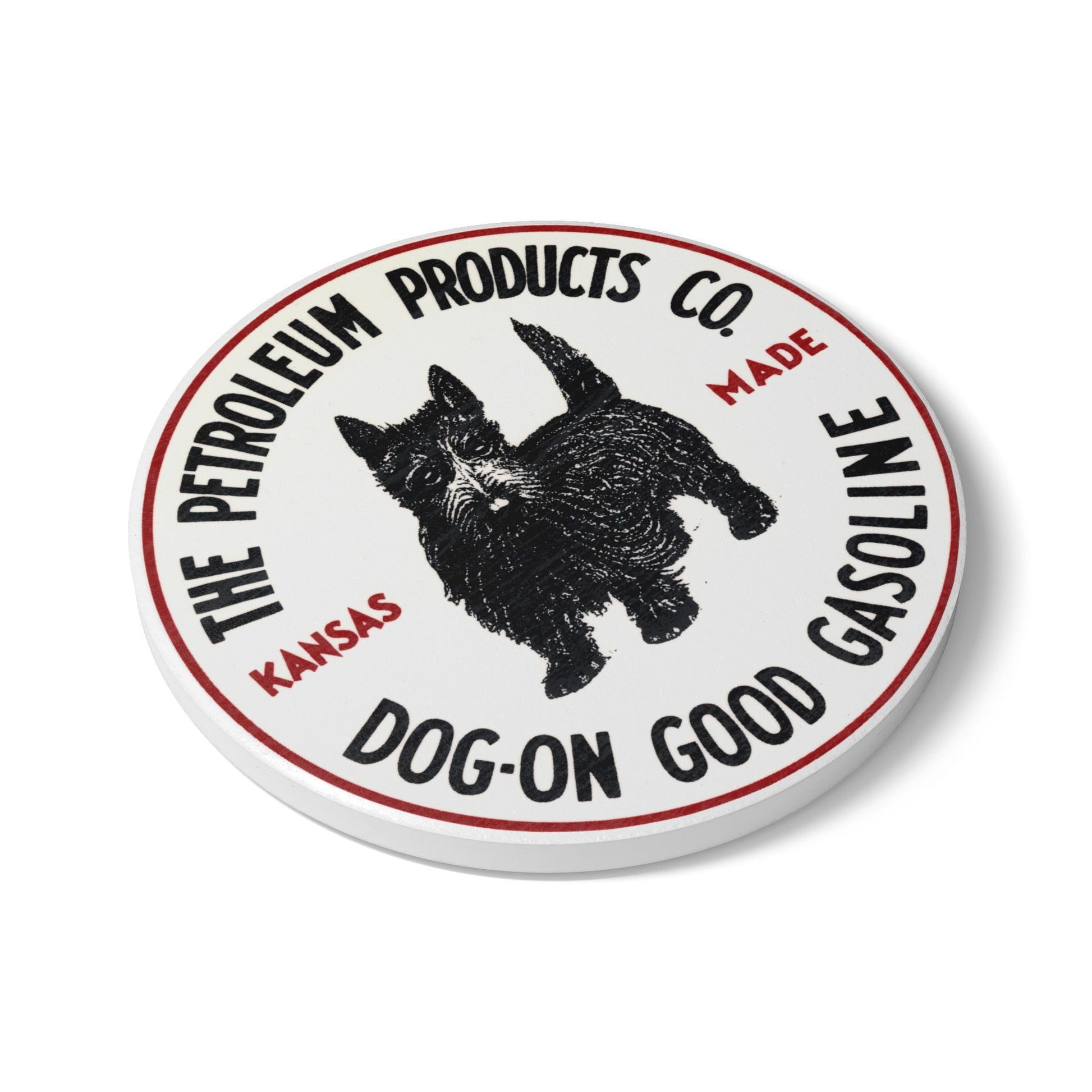 Dog-On Good Gasoline ceramic coaster lifestyle — vintage Scottie Dog petroliana — The Faded Label Co.