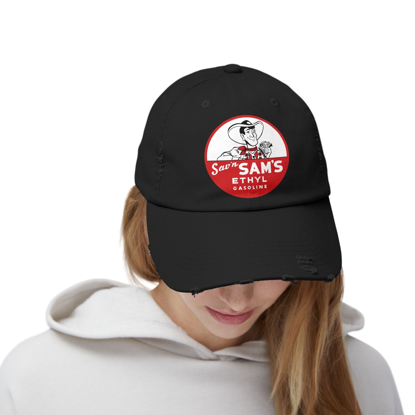 sams ethyl Distressed Gasoline Logo Cap — "Sam's Ethyl" Vintage Trucker Hat