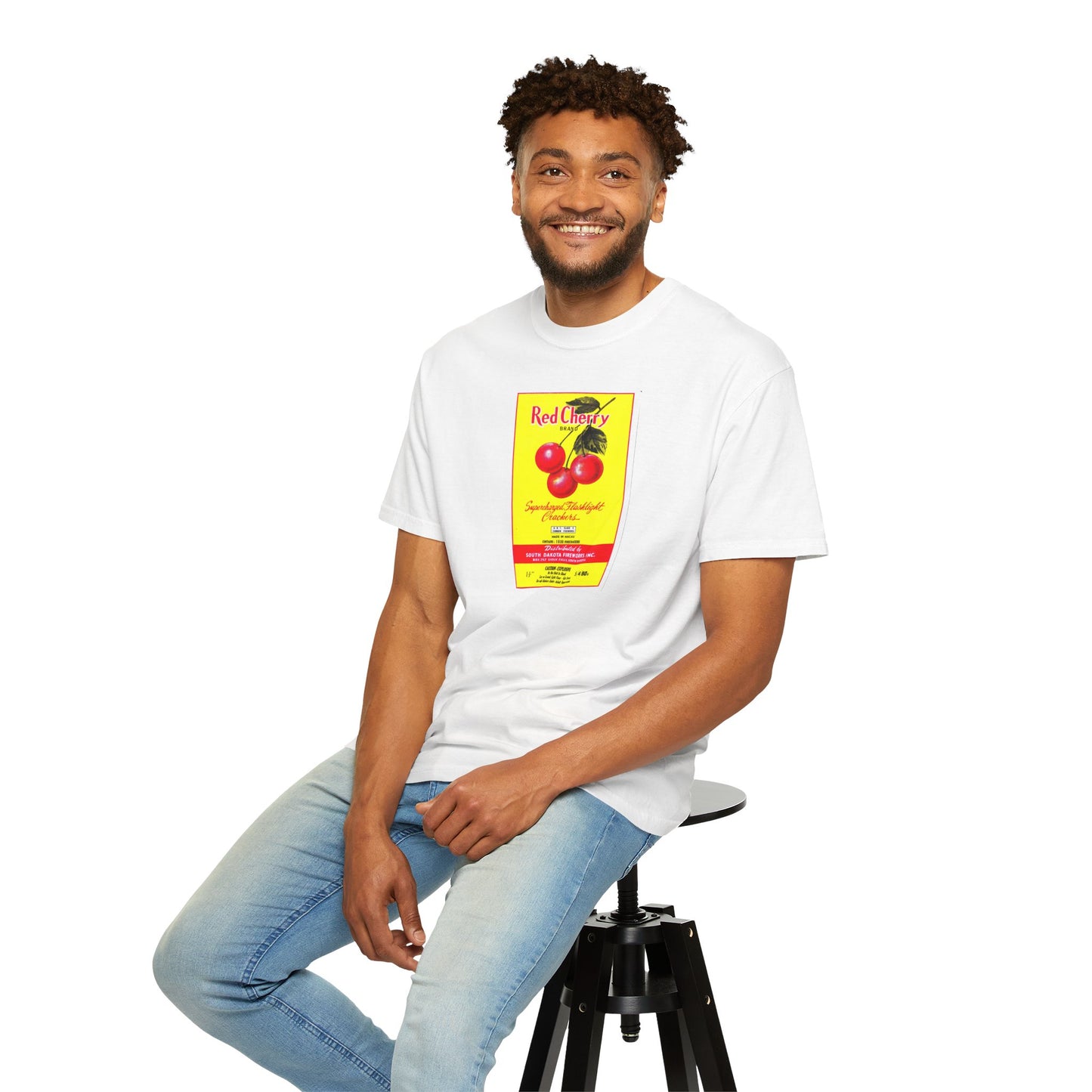 Red Cherry Brand Firecrackers t-shirt on model lifestyle — vintage fireworks apparel — The Faded Label Co.